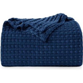 Utopia Bedding Cotton Waffle Blanket 300 GSM (Navy - 90x90 Inches) Soft Lightweight Breathable Bed Blanket Queen Size Layering Any Bed for All Season