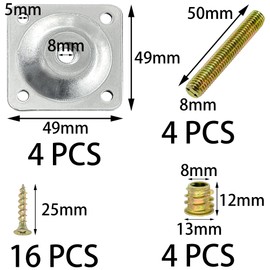 DDHOMIN 4 Sets Furniture Leg Mounting Plates,Sofa Leg Connector Metal Plates Kit (Silver)