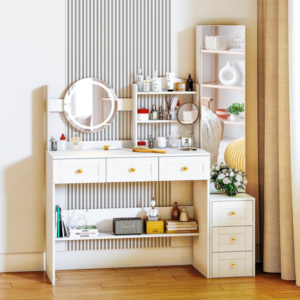 Pamapic Vanity Desk with Lights and Full-Length Mirror, Golden Handles