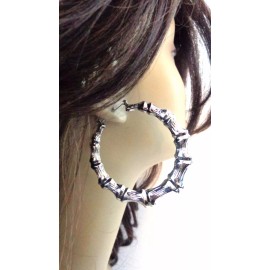Unbranded Medium Bamboo earrings 2 inch HOOP EARRINGS SILVER TONE BAMBOO HOOP EARRINGS