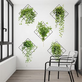 Green Plants Leaves Wall Decals 3D Vivid Green Plants Grid Wall Stickers Peel and Stick Removable Home Wall Decor Art Murals for Bedroom Living Room Classroom Office