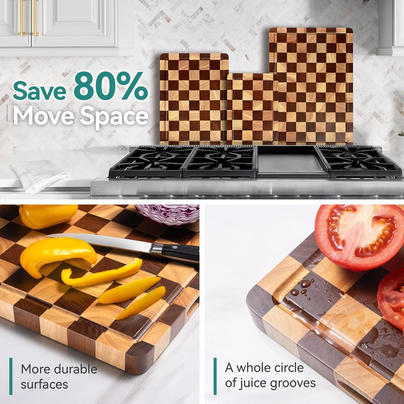 Checkerboard Cutting Board 3-PC Set, Solid Wooden Chopping Board, Acacia
