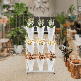 DCEHKR 3-Tiers Flower Display Stand Moving Florist Bouquet Shelf with 9Pcs Plastic Buckets Metal Plant Stand with 4 Universal Wheels Metal Plant Stand for Fresh Flower Shop (White Frame, White Bucket)