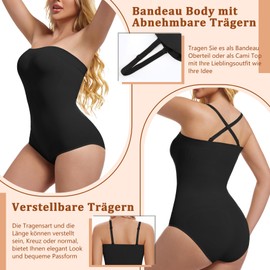 ONEW Women's Strapless Bandeau Shapewear Body Cami Bodysuit Top with Removable Straps Tummy Control Bodice Body Waist Trainer Body Shaper, black