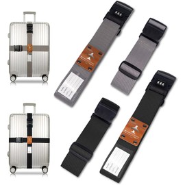 Travistar 4 Pack Luggage Straps for Suitcases, Adjustable Lockable Suitcase Straps Set Travel Accessories for Safely Closing the Suitcases While Travelling and Marking Luggage (Black Grey)