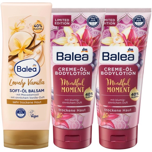 Balea 3er-Set Hautpflege: Soft-Öl Balsam LOVELY VANILLA beruhigt sehr trockene