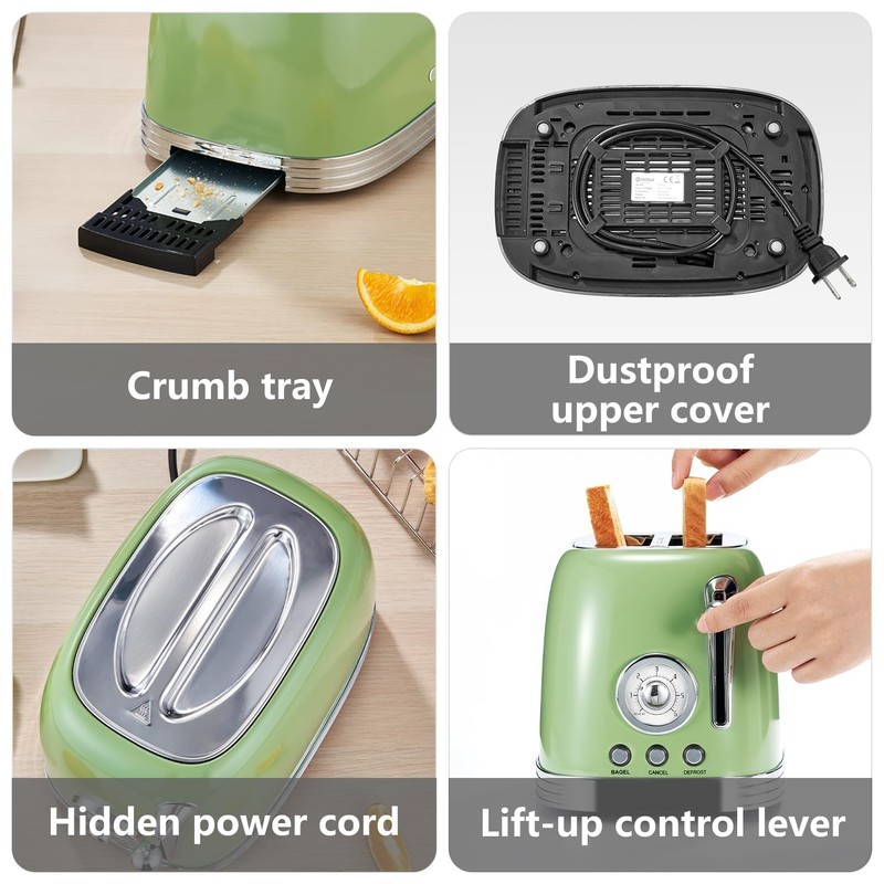 Wiltal Green Cute Retro Toaster 2 Slice with 1.58" Wide