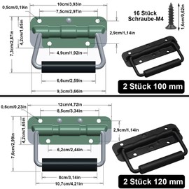 sinzau Folding Handle, 4 Pieces 100 mm Folding Handle, Black, Spring-Loaded Box Handle, Box Handle Foldable with Screws, 2 Pieces 100 mm and 2 Pieces 120 mm Folding Handles, for Tool Boxes