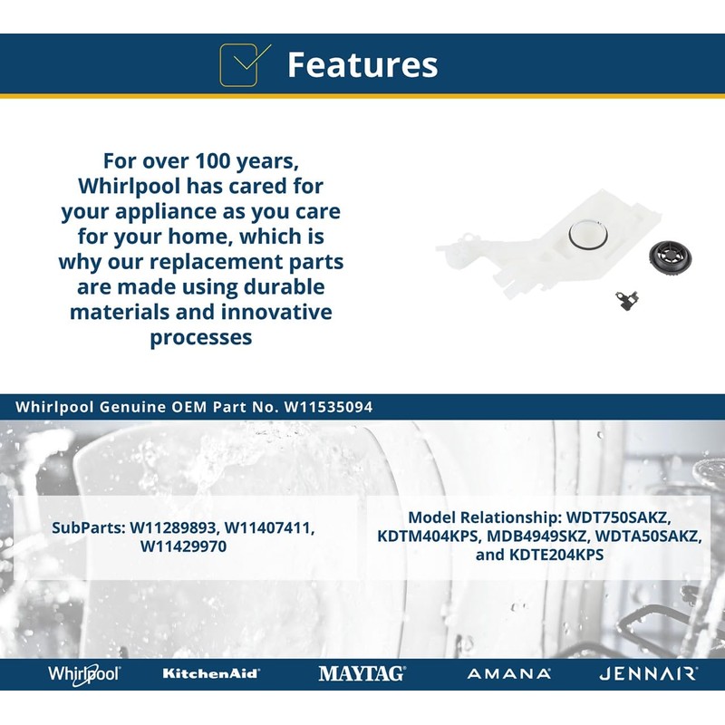 Whirlpool W11535094 OEM Dishwasher Water Inlet Guide Assembly