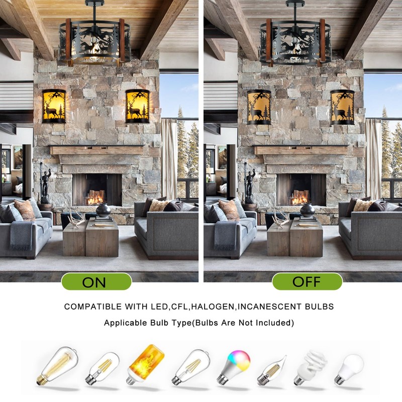 Monyohame Farmhouse Rustic Deer Ceiling Light Fixtures, 4-Light Round E26