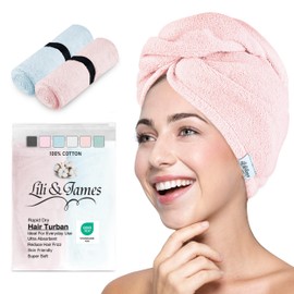 Toalla de algodón para el cabello para mujeres/niños, de secado rápido, suave y absorbente de 420 g/m² con doble botón, antiencrespamiento, turbantes 