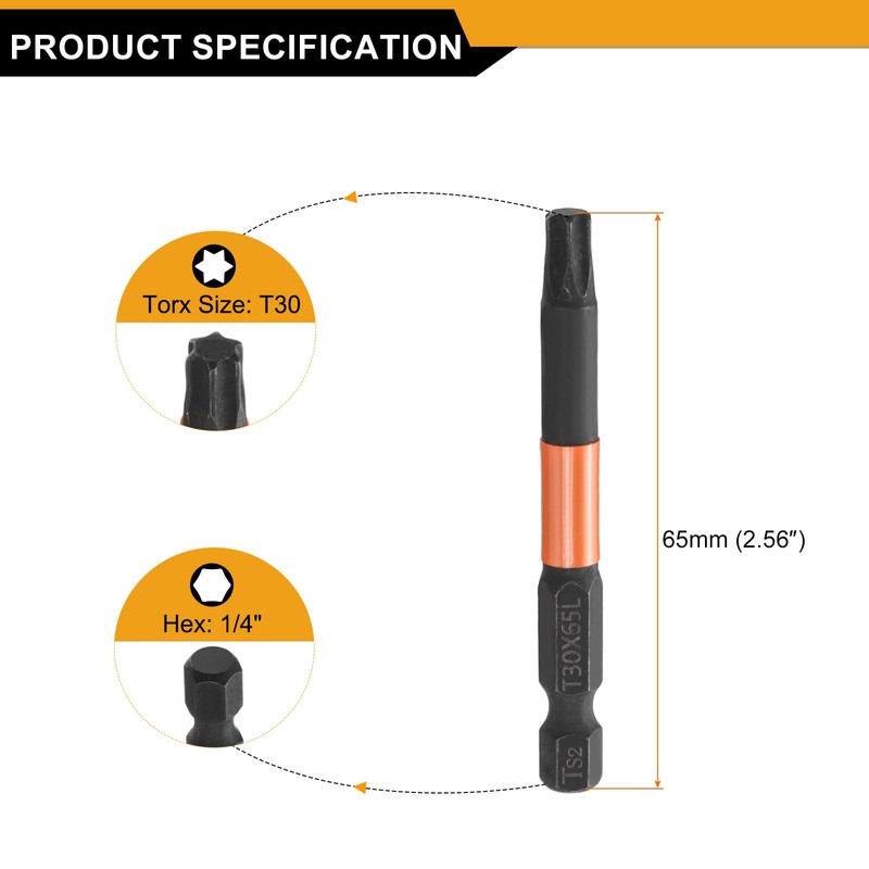 HARFINGTON T30 Torx Head Screwdriver Bit 2.56" (65mm) Long 1/4"