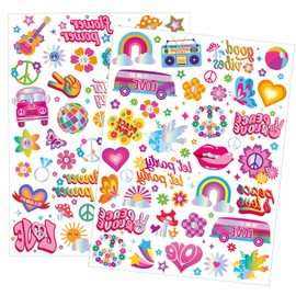 Qpout 86 Pieces Temporary Glitter Hippie Tattoos for Kids Waterproof Shiny Silver Styles Flower Power Love and Peace Sign 70s Groovy Tattoos for Kids and Adults