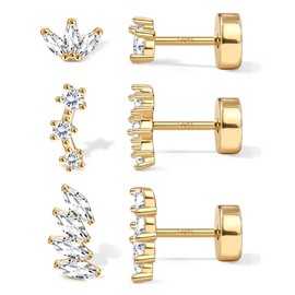 JeweBella 3 Pairs Sterling Silver Stud Earrings Set for Women 14K Gold Plated Small Stud Earrings Silver Gold Stackable Dainty Flat Back Earrings for Conch Cartilage Tragus Helix Piercing