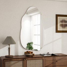 VooBang 20 x 32 inch Irregular Wall Mirror, Asymmetrical Frameless Bathroom Vanity Mirror Polished Edges, Abstract Wavy Hanging Mirrors for Wall for Hallway, Entryway, Living Room