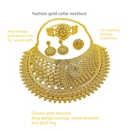 LifflyLadys Big Chunky Gold Jewelry Set for Women Trendy Gold Plated Necklace Drop Earrings Bracelet Ring African Queen Nigerica Dubai Gold Collar Choker Jewlery Set for Wedding