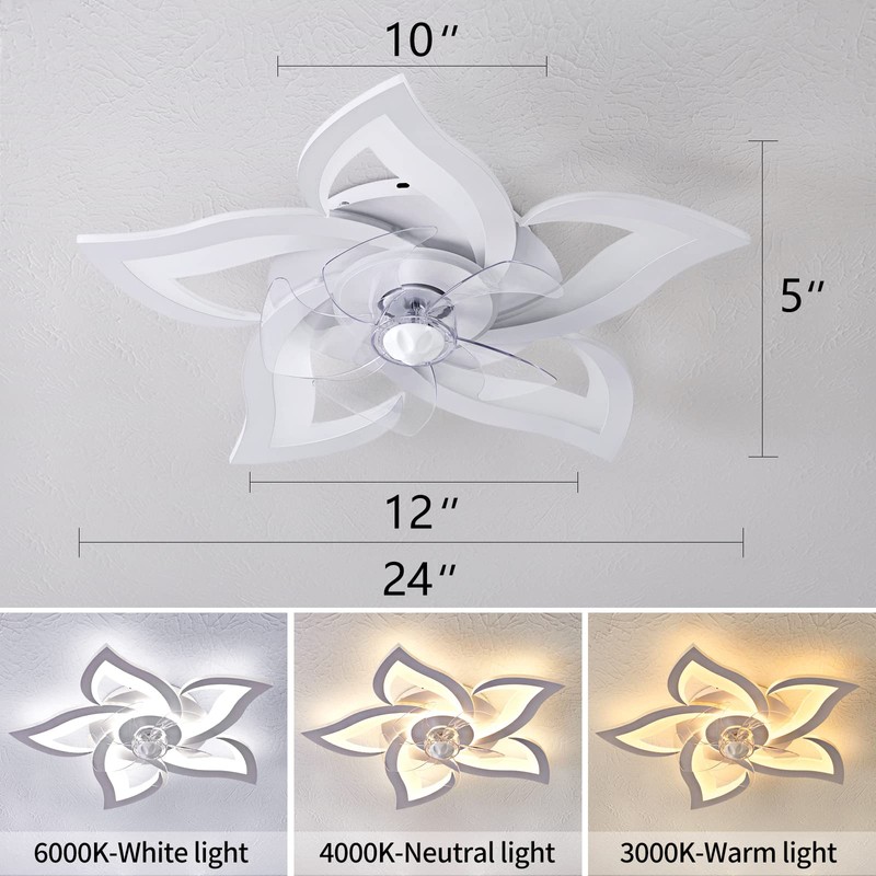 Dalouguan Flush Mount Ceiling Fan with Lights, 24" White ,Remote