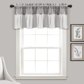 Lush Decor Linen Button Farmhouse Valance, 52" W x 18" L, Gray & White - Rustic Kitchen Valance for Windows - Pleated Color Block Design with Coconut Husk Button Detail - Kitchen Curtains Valance