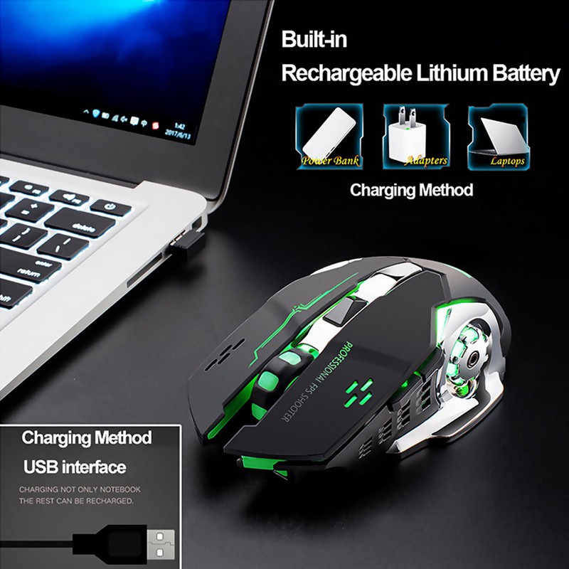 Rechargeable X8 Wireless Game Mouse Silent LED Backlit USB 1800DPI