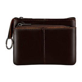 Lidwot Genuine Leather Coin Purse Wallet Mini Zip Change Purse Wallet Coin Pouch with Key Chain 3 Zippers, Dark Brown, Wallet Coin Pouch With Key Chain 3 Zippers