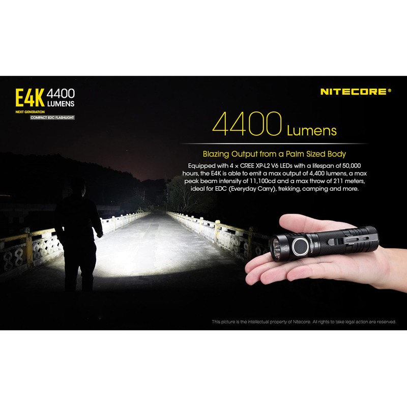 Nitecore E4K 4400 Lumens EDC Compact High Power Rechargeable Flashlight