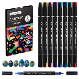 huesamhi Acrylic Paint Markers 16 Colors 8 PCS Dual Tip Acrylic Markers for Adult Coloring Books No Bleeding Ideal for Glass,Ceramic,Wood,Canvas,Stone,Fabric, Rock Painting, Art Supplies