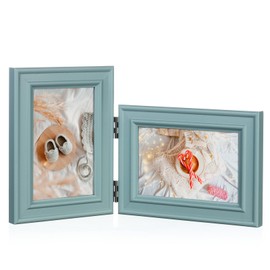 Tamolus 4x6 Double Hinged Picture Frame Folding Photo Frame Vertical and Horizontal in Teal Blue Pine Wood with Real Glass for Tabletop X3-LAN-SH46