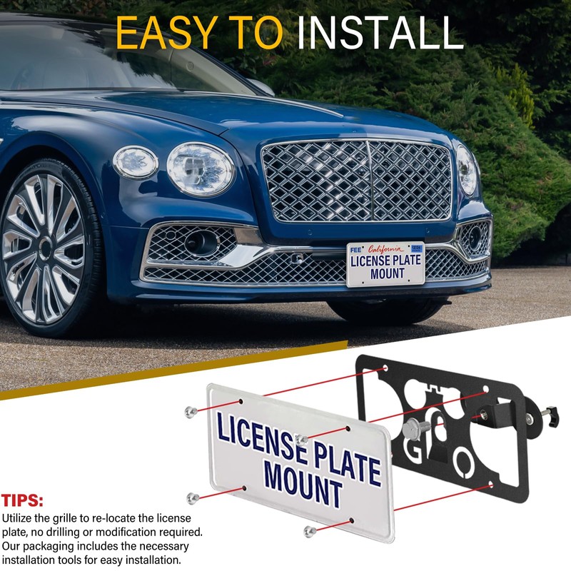 No Drill License Plate Holder Compatible with Bentley Continental 2001-2024,