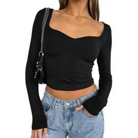 cailami Women's Long Sleeve Square Neck Going Out Tops Basic Tight Y2k T Shirts, Large, Black