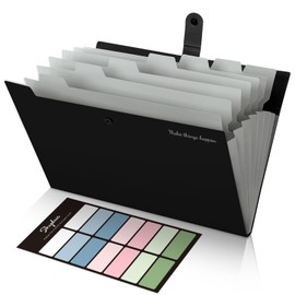 SKYDUE Expanding File Folders with Labels,8 Pockets Accordion File Organizer, Portable Document Paper Organizer, A4 Letter Size Filing Folder for Office, Pack of 4, Black