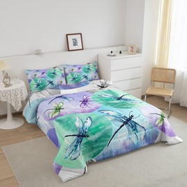 Dragonfly Comforter Set Queen Size,Wildlife Summer Rustic Farmhouse Bedding Set,Girls Boys Adults Room Decor,Geometric Circles Patchwork Fashion Down Comforter,Colorful Duvet Insert,2 Pillowcases