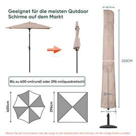 Sekey Parasol Protective Cover with Pole, for Diameter 350 cm and Size 200 x 300 cm, Cover for Market/Balcony/Garden Umbrella, 100% Polyester, Waterproof