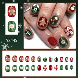 Christmas Cute Press on Nails Short Square Fake Nails, Winter Xmas Press on Nails Gingerbread Man with Design Glossy False Nails Red Green Christmas Glue on nails Christmas Acrylic Nails for Women