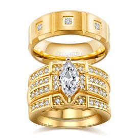 Two Rings His Hers Wedding Ring Sets Couples Matching Rings Women's 2pc Yellw Gold Plated White CZ Wedding Engagement Ring Bridal Sets Men's Titanium Band Wedding Band