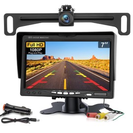 Kairiyard License Plate Backup Camera with 7 Inch Monitor, HD 1080P Reverse Camera Waterproof DIY Grid Lines No-Delay Wired Rear View Camera System for Truck Car SUV