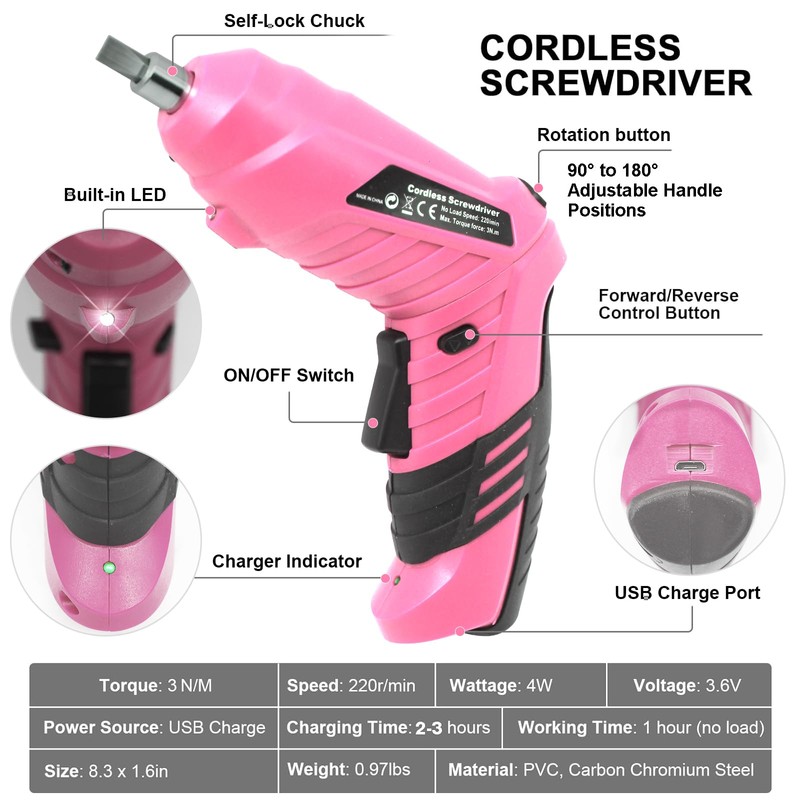 MYMULIKE Cordless Electric Screwdriver, 3.6V Rechargeable Power Screwdriver with 47