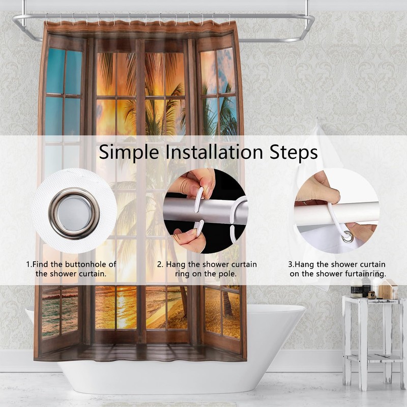 Umpoo Tropical Ocean Beach Shower Curtain Rustic Wood Window View