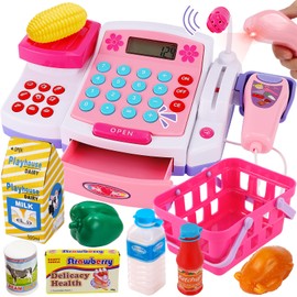 BUYGER Large Cash Register Toy with Lifting Food Weigh, Real Calculator Speaker Microphone Scanner with Light and Sounds Shopping Pretend Play Food Accessories Gifts for 3 4 5 Years Old