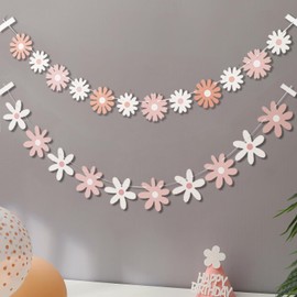 2 Pink Daisy Garlands - Boho Birthday Party Banners with Unique Daisy Flower Designs