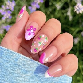 Spring Press on Nails Almond Glue on Nails Medium Fake Nails Flowers Strawberries Acrylic Nails Light Purple Translucent Nails Press ons Sweet False Nails for Women 24 Pcs