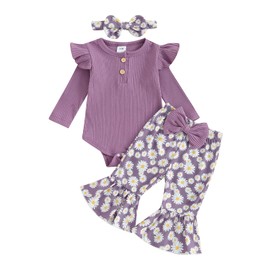 fhutpw Newborn Baby Girl Clothes Rib Frill Long Sleeve Romper Daisy Flared Pants Headband Set 3pcs Fall Winter Outfits (Daisy- Purple, 0-3 Months)