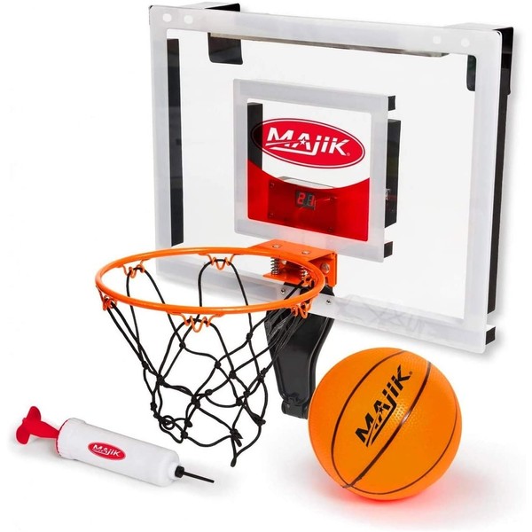 Majik Buzzer Beater Over The Door Hanging Mini Basketball Hoop for Indoor Play - Automatic LED Scoring, Pro-Style Backboard, Breakaway Rim, Comes with Ball and Air Pump