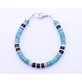 Jen Herrmann Jewelry Arizona Turquoise & Black Onyx Bracelet, 6mm Bluish Green Heishi Gemstone Beads - 7"