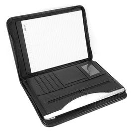 A4 Zipped PU Leather Conference Folder, Personal Organiser, Executive Portfolio with Pen Slot/Card Slots/Pad/Paper, Black