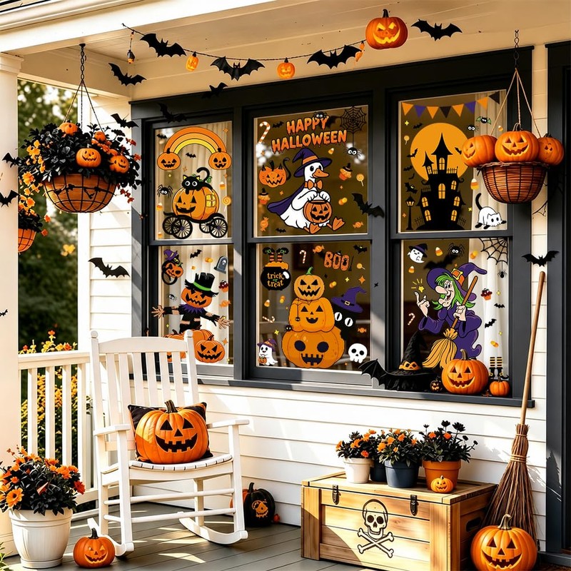 XIMISHOP 8 Sheets 174 Pcs Reusable Halloween Pumpkin Witch Window