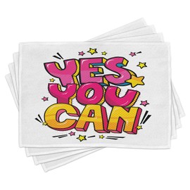 Ambesonne Saying Place Mats Set of 4, Yes You Can Message Graffiti Word Bubble Style with Stars, Washable Fabric Placemats for Dining Table, Standard Size, Hot Pink Yellow and Blue