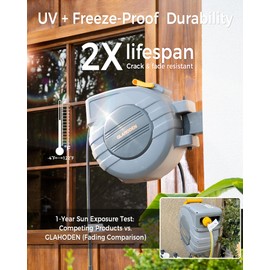 GLAHODEN Retractable Garden Hose Reel 5/8 in x 65 ft, 2025 Upgraded Dual Ratchet Lock UV & Freeze Protection Brass Seal Slow Retraction Anti-Tangle Hose 180°Swivel Reinforced Scaffold Wall Mount