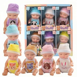 6 Pcs Mini Baby Dolls 4 Inch Gift Set, Cute Small Baby Doll Toys with Animal Clothes and Bunk Bed for Kids 3+ Year Old Gift (Style E)