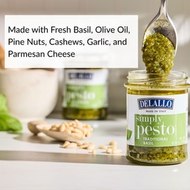 DeLallo Traditional Basil Pesto, Made in Italy, Gourmet Spread, Ready to Use Pasta Sauce, Made with Fresh Ligurian Basil, Olive Oil, Pine Nuts, and Parmesan Cheese, Non-GMO, All Natural, 6.35 oz Jar, (2 Pack)