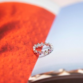 Tuscany Silver Women's Sterling Silver Rhodium Plated Multi-Coloured CZ 4mm Alternating Band Ring #N